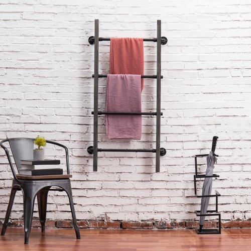 Gray Wood & Industrial Metal Pipe Wall Mounted Towel Ladder Rack - Mygiftss