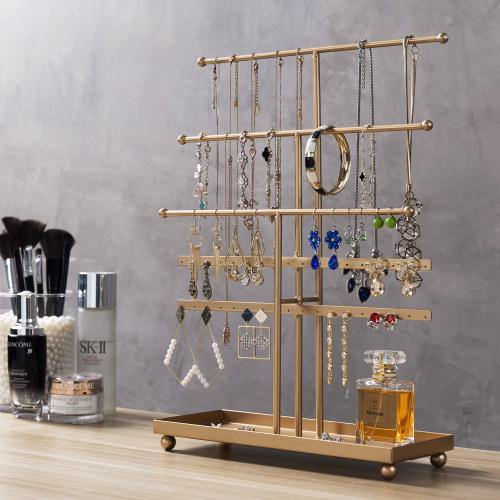 Metal Jewelry Organizer with Ring Tray, Gold - Mygiftss