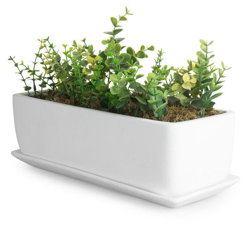 White Unglazed Rectangular Ceramic Planter-MyGift