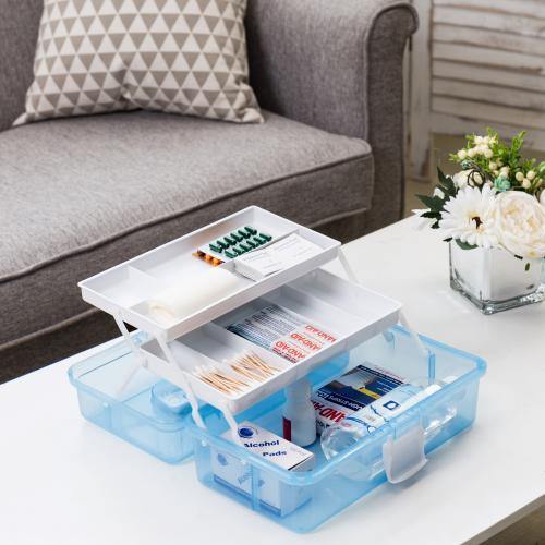 Transparent Blue Plastic Multipurpose Storage Box w/Handle & Expandable Trays - Mygiftss