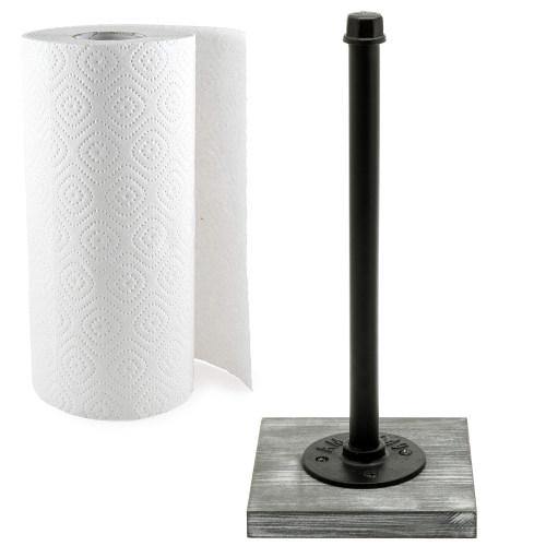 Paper Towel Roll Holder with Rustic Gray Wood Base and Industrial Pipe Design - Mygiftss