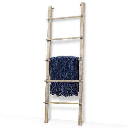 Distressed Brown Solid Wood Blanket Ladder w/ Rustic Metal Cuffs - Mygiftss