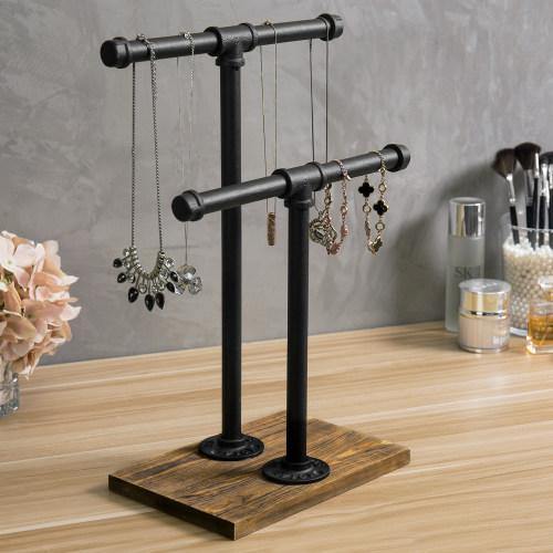 Industrial Pipe & Brown Wood T-Bar Necklace Jewelry Stand - Mygiftss