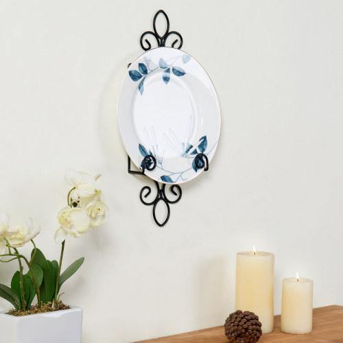 Vintage Plate Holder Rack with Black Metal Scrollwork - Mygiftss