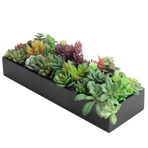 Artificial Succulent Plants in Modern Black Wood Planter-MyGift