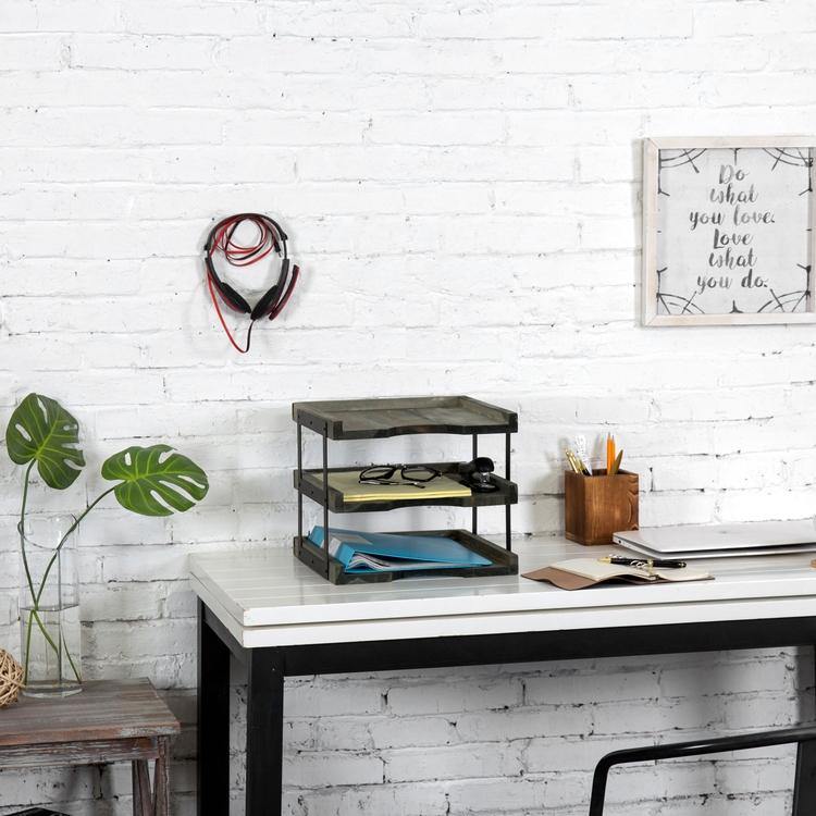 Vintage Gray Wood & Black Metal Document Organizer - Mygiftss