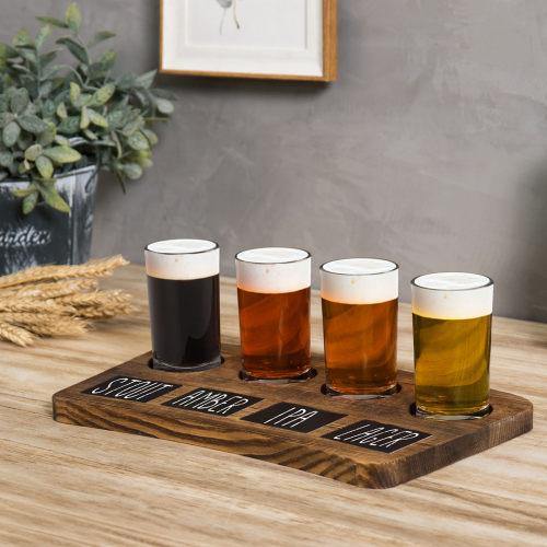 Dark Brown Wood Beer Flight Tray with Chalkboard Labels - Mygiftss