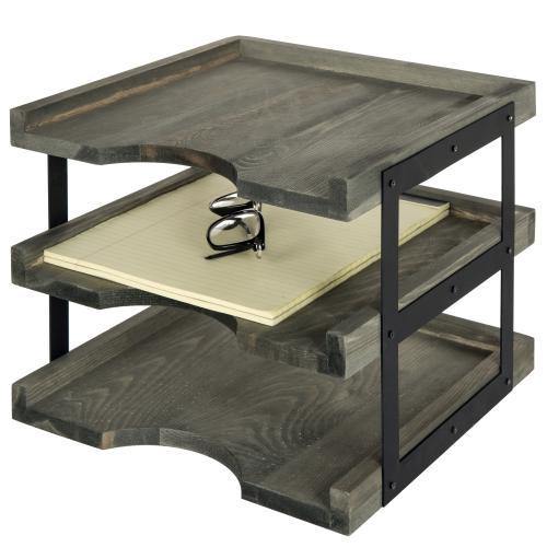 Vintage Gray Wood & Black Metal Document Organizer - Mygiftss