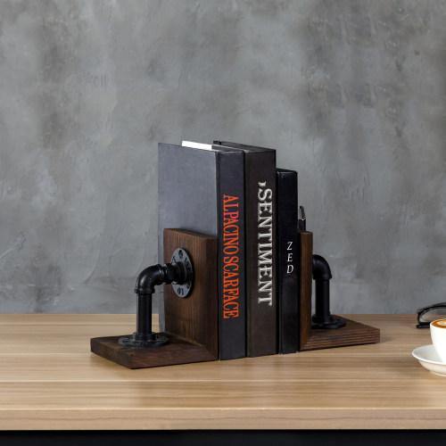 Dark Brown Pipe & Wood Bookends, Set of 2 - Mygiftss