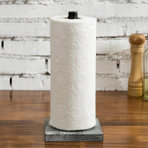 Paper Towel Roll Holder with Rustic Gray Wood Base and Industrial Pipe Design - Mygiftss