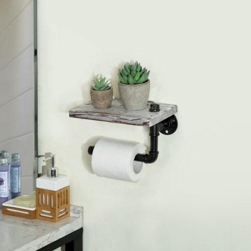 Industrial-Style Whitewashed Toilet Paper Holder with Shelf - Mygiftss