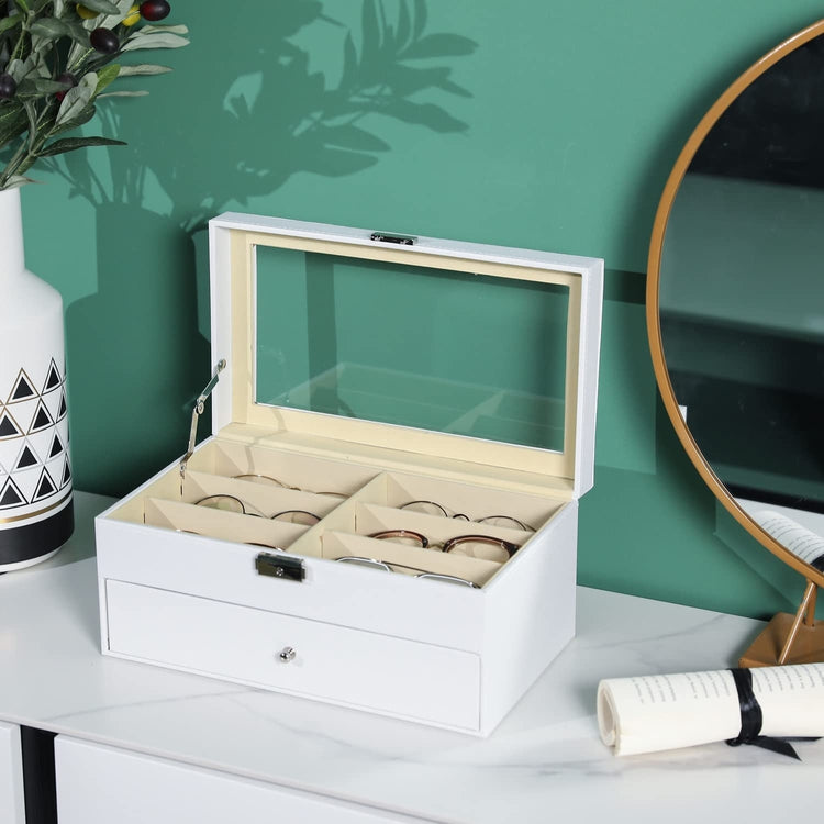 White 12-Compartment Sunglasses Case with Glass Lid and Leatherette Trim-MyGift