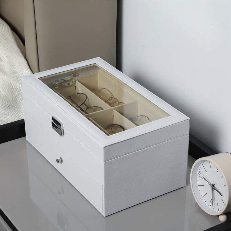 White 12-Compartment Sunglasses Case with Glass Lid and Leatherette Trim-MyGift