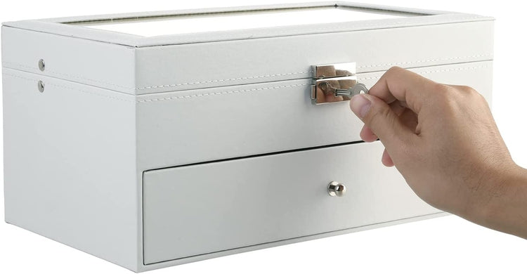 White 12-Compartment Sunglasses Case with Glass Lid and Leatherette Trim-MyGift