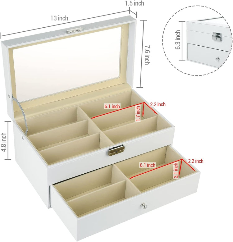 White 12-Compartment Sunglasses Case with Glass Lid and Leatherette Trim-MyGift