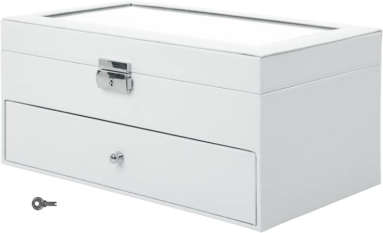 White 12-Compartment Sunglasses Case with Glass Lid and Leatherette Trim-MyGift