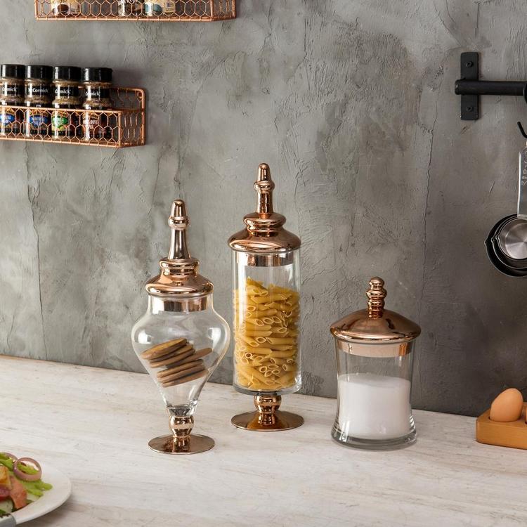 Set of 3 Antique-Style Glass Apothecary Jars with Metallic Copper-Tone Lids - Mygiftss Enterprise LLC