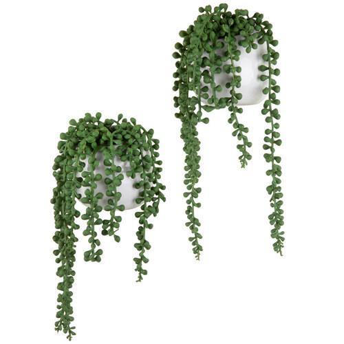 Artificial String of Pearls Plants in White Ceramic Wall-Hanging Planters, Set of 2 - Mygiftss