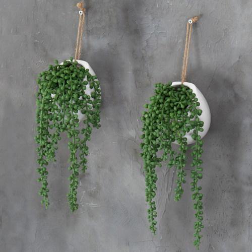 Artificial String of Pearls Plants in White Ceramic Wall-Hanging Planters, Set of 2 - Mygiftss