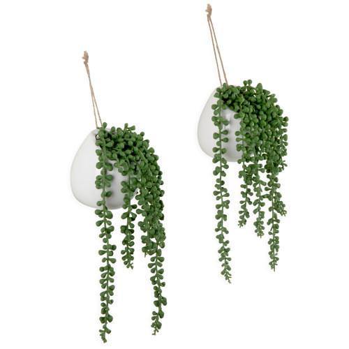 Artificial String of Pearls Plants in White Ceramic Wall-Hanging Planters, Set of 2 - Mygiftss