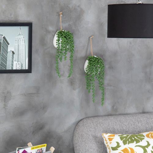 Artificial String of Pearls Plants in White Ceramic Wall-Hanging Planters, Set of 2 - Mygiftss
