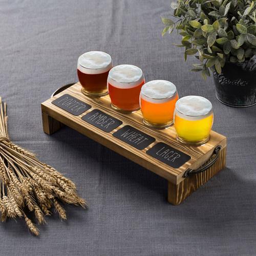 Beer Tasting Flight Set with Burnt Wood Serving Caddy & Chalkboard Labels - Mygiftss