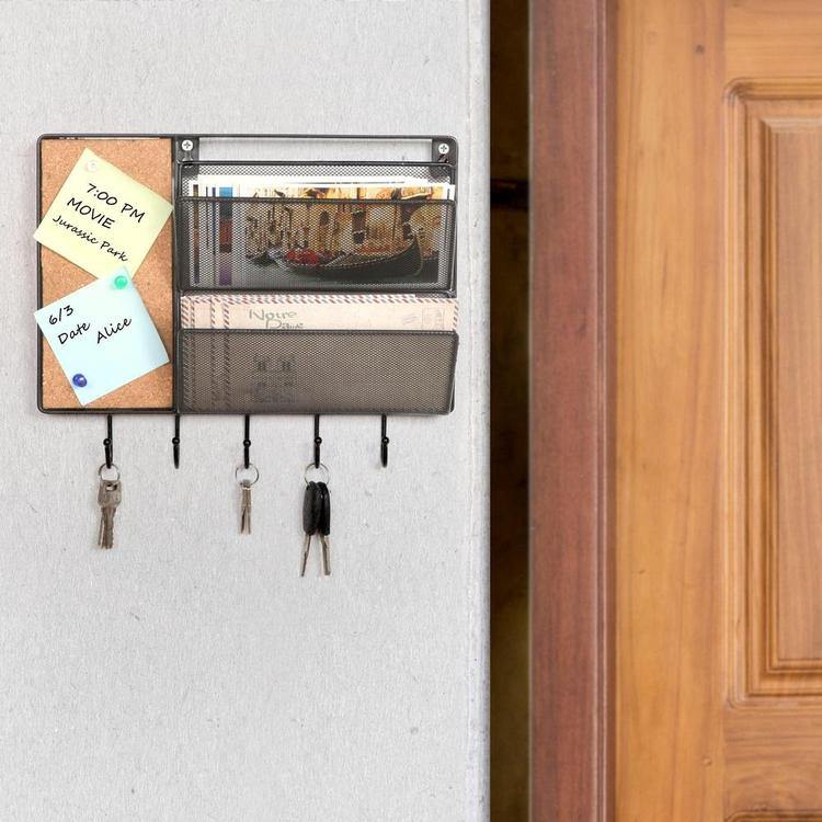 Black Mesh Metal Wall Organizer Rack w/ Cork Board & Key Hooks, 12 inch - Mygiftss