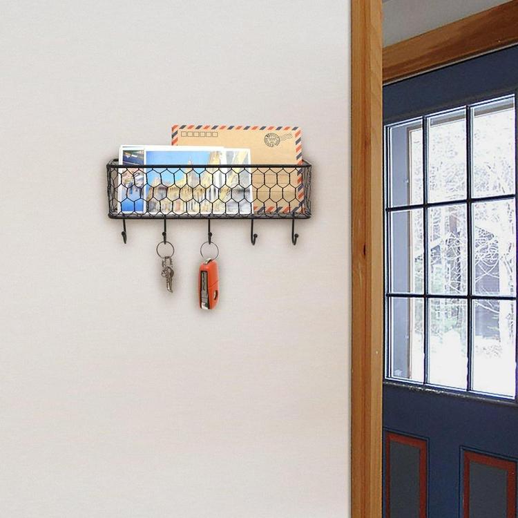 Black Metal Wall Mounted Key and Mail Storage Rack w/ Chicken Wire Mesh Basket - Mygiftss Enterprise LLC