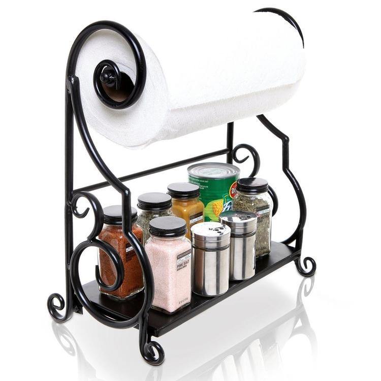 Black Metal Countertop Paper Towel Holder with Condiment Shel - Mygiftss