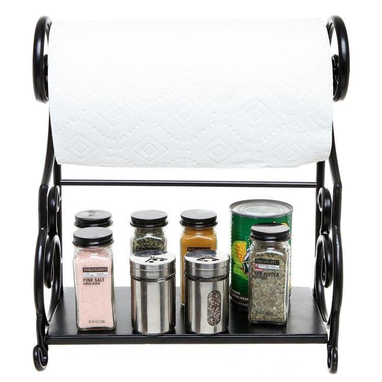 Black Metal Countertop Paper Towel Holder with Condiment Shel - Mygiftss