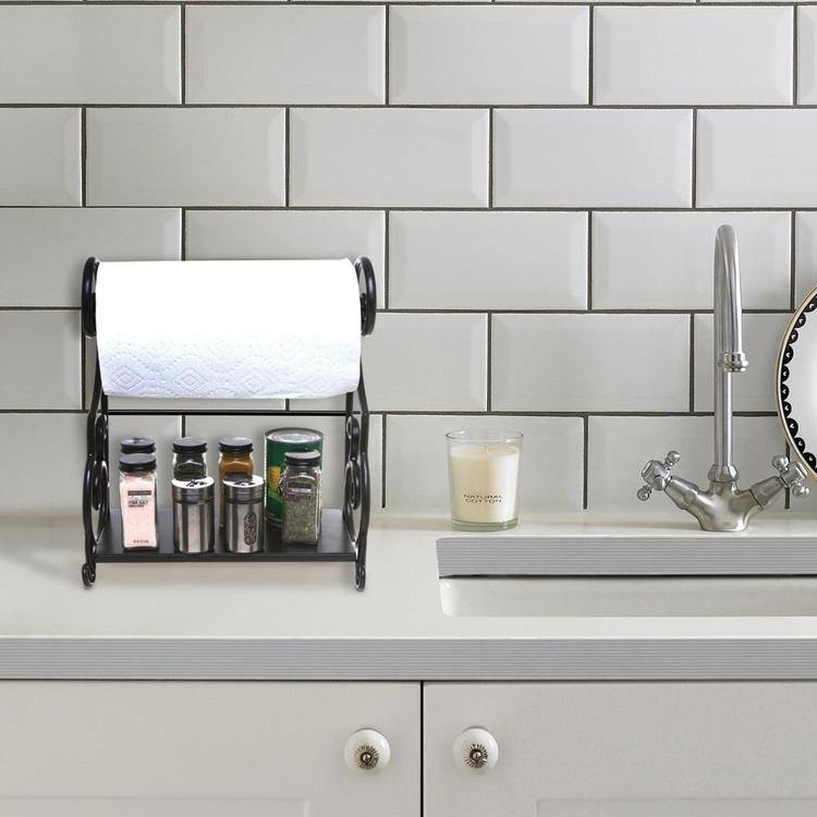 Black Metal Countertop Paper Towel Holder with Condiment Shel - Mygiftss