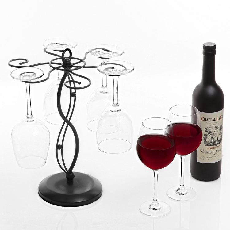 Scrollwork Black Metal Freestanding Tabletop Stemware Storage Rack with 6 Hooks - Mygiftss Enterprise LLC