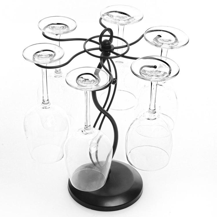 Scrollwork Black Metal Freestanding Tabletop Stemware Storage Rack with 6 Hooks - Mygiftss Enterprise LLC