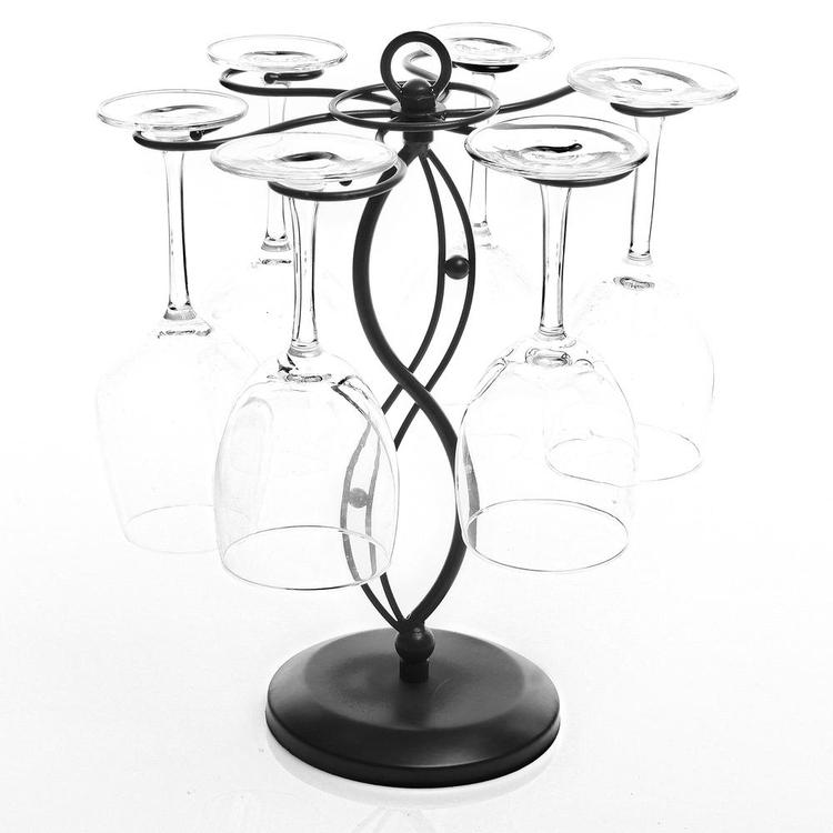 Scrollwork Black Metal Freestanding Tabletop Stemware Storage Rack with 6 Hooks - Mygiftss Enterprise LLC