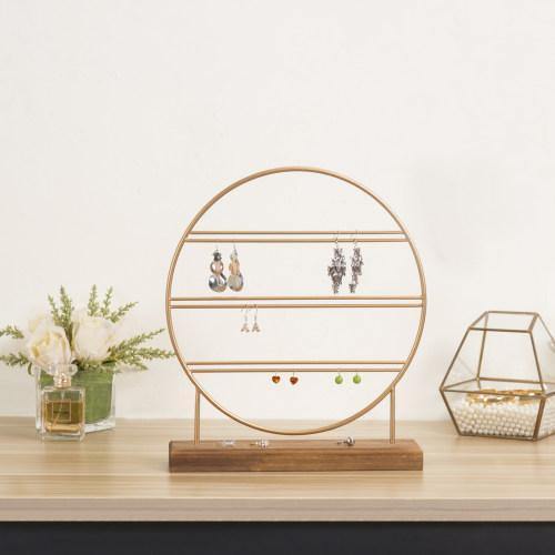 Brass Tone Metal & Burnt Wood Earring Holder - Mygiftss