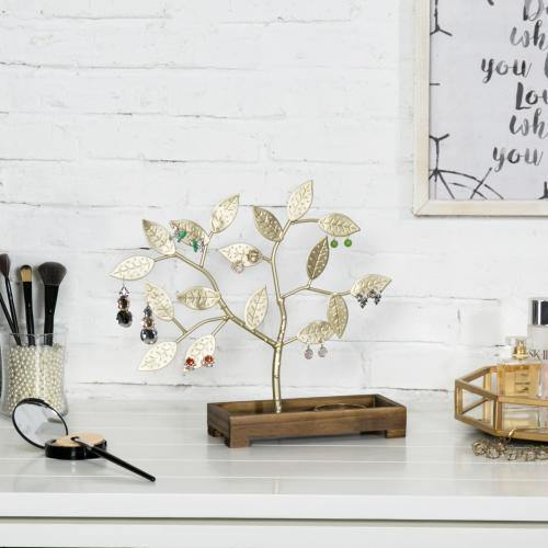 Brass-Tone Metal Jewelry Tree with Wood Ring Tray - Mygiftss