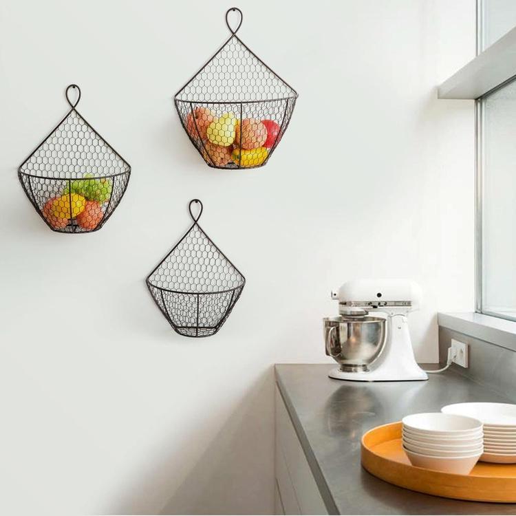 Wall Mounted Brown Chicken Wire Metal Produce Baskets, Set of 3 - Mygiftss Enterprise LLC