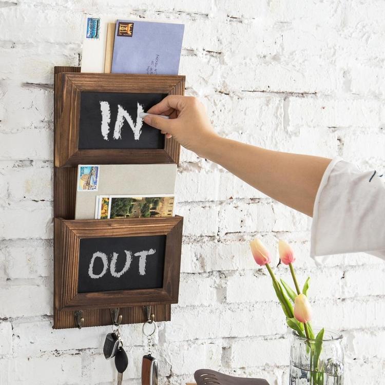 Wall-Mounted Wood Mail Sorter with Chalkboard Panels & Key Hooks - Mygiftss Enterprise LLC