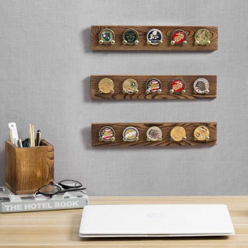 Brown Wood Wall Mounted Challenge Coin & Casino Chip Display Rack, Set of 3 - Mygiftss