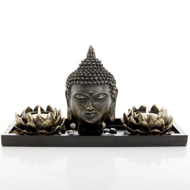 Buddha Head Sculpture Zen Garden Set w/ Lotus Candle Holders & Wooden Tray - Mygiftss Enterprise LLC