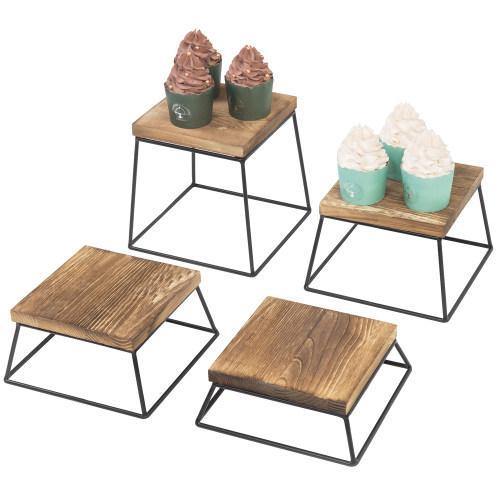 Burnt Wood & Black Metal Square Display Risers/Pizza Stands, Set of 4 - Mygiftss