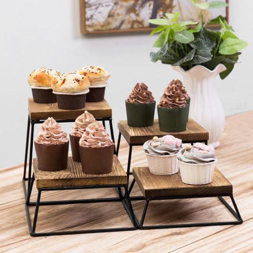 Burnt Wood & Black Metal Square Display Risers/Pizza Stands, Set of 4 - Mygiftss