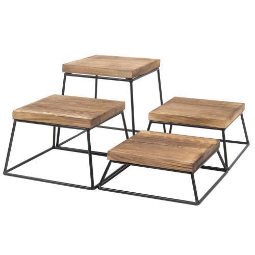 Burnt Wood & Black Metal Square Display Risers/Pizza Stands, Set of 4 - Mygiftss