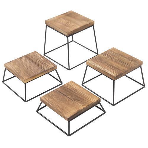 Burnt Wood & Black Metal Square Display Risers/Pizza Stands, Set of 4 - Mygiftss