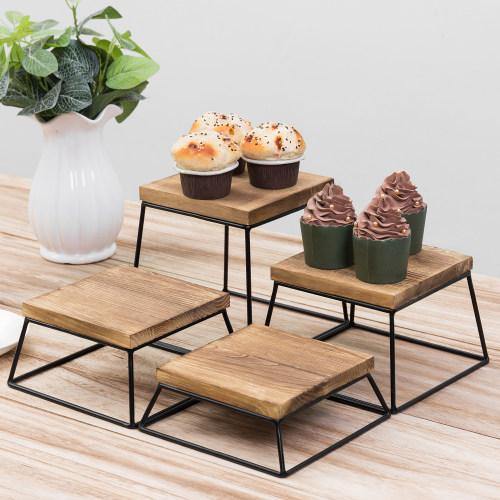 Burnt Wood & Black Metal Square Display Risers/Pizza Stands, Set of 4 - Mygiftss