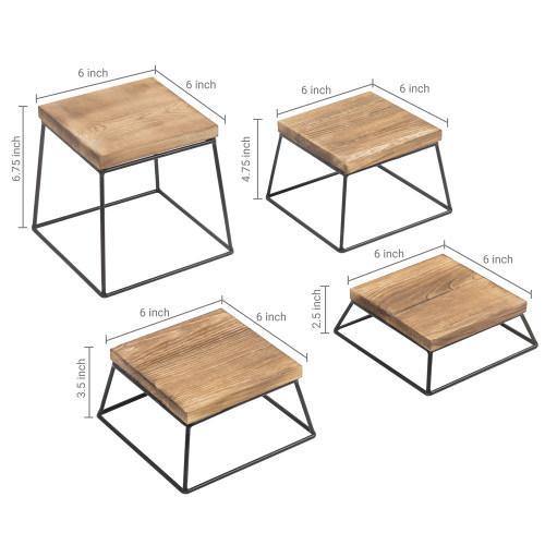 Burnt Wood & Black Metal Square Display Risers/Pizza Stands, Set of 4 - Mygiftss