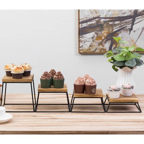 Burnt Wood & Black Metal Square Display Risers/Pizza Stands, Set of 4 - Mygiftss