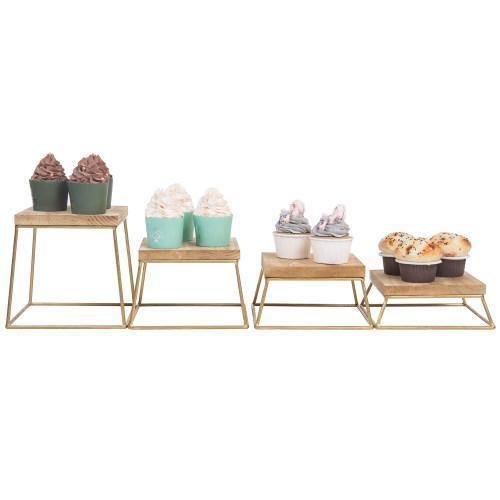 Burnt Wood & Gold Metal Square Display Risers/Pizza Stands, Set of 4 - Mygiftss