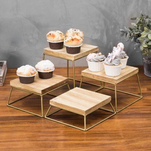 Burnt Wood & Gold Metal Square Display Risers/Pizza Stands, Set of 4 - Mygiftss