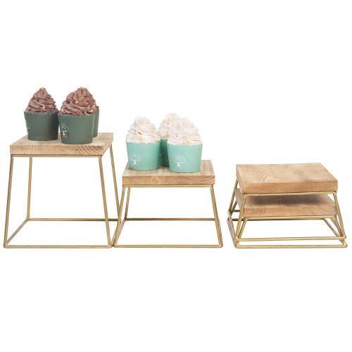 Burnt Wood & Gold Metal Square Display Risers/Pizza Stands, Set of 4 - Mygiftss